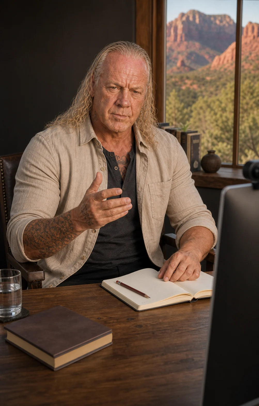 Chance Davis conducts a focused private video consultation from his Sedona study.