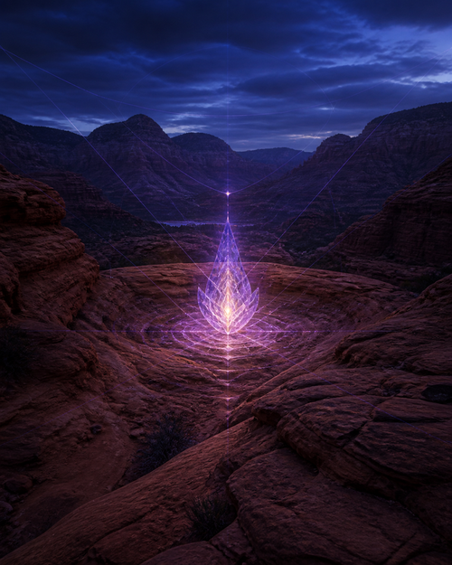 One unified violet crystal-flame stands in Sedona as celestial timing layers converge, representing the PSP 60-Minute Deep-Dive Session.