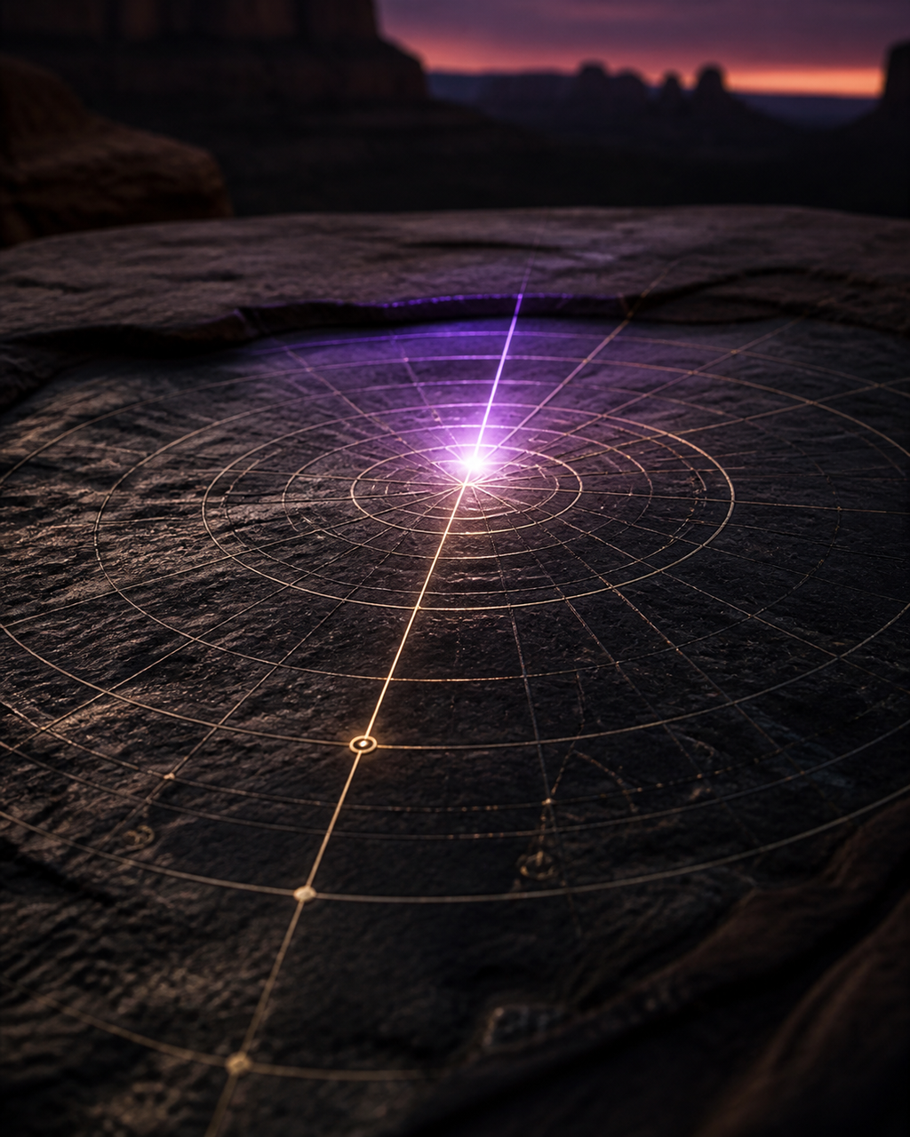 One precise violet-and-gold point illuminates a carved celestial timing map on Sedona stone, representing clarity for the PSP 30-Minute Focus Session.