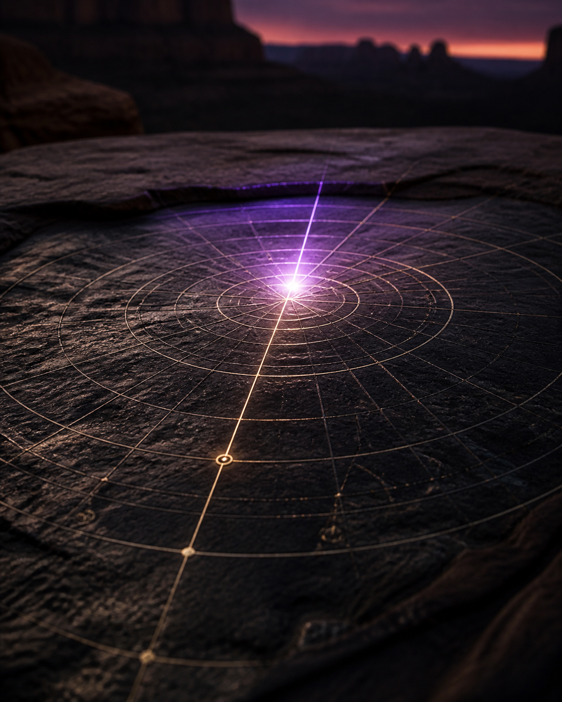 One precise violet-and-gold point illuminates a carved celestial timing map on Sedona stone, representing clarity for the PSP 30-Minute Focus Session.